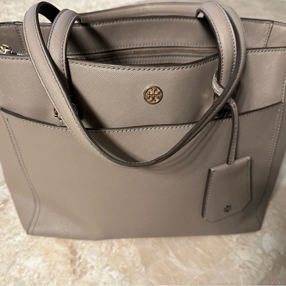 Tory Burch Taupe Saffiano Leather Tote Shoulder Bag with Gold Logo